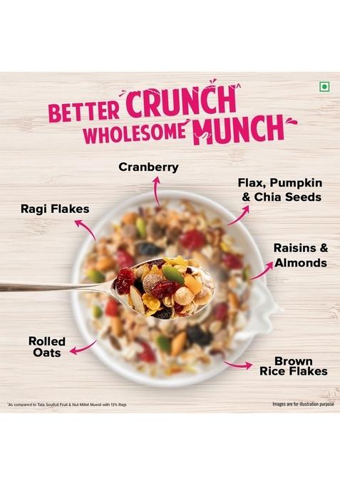 Tata Soulfull Fruit Nuts & Seeds Millet Muesli, 500G, Source Of Protein, Rich In Fibre, 30% Fruit, Nut & Seeds, Contains Ragi & Jowar, Contains Almonds, Flax Seeds, Chia Seeds, Pumpkin Seeds