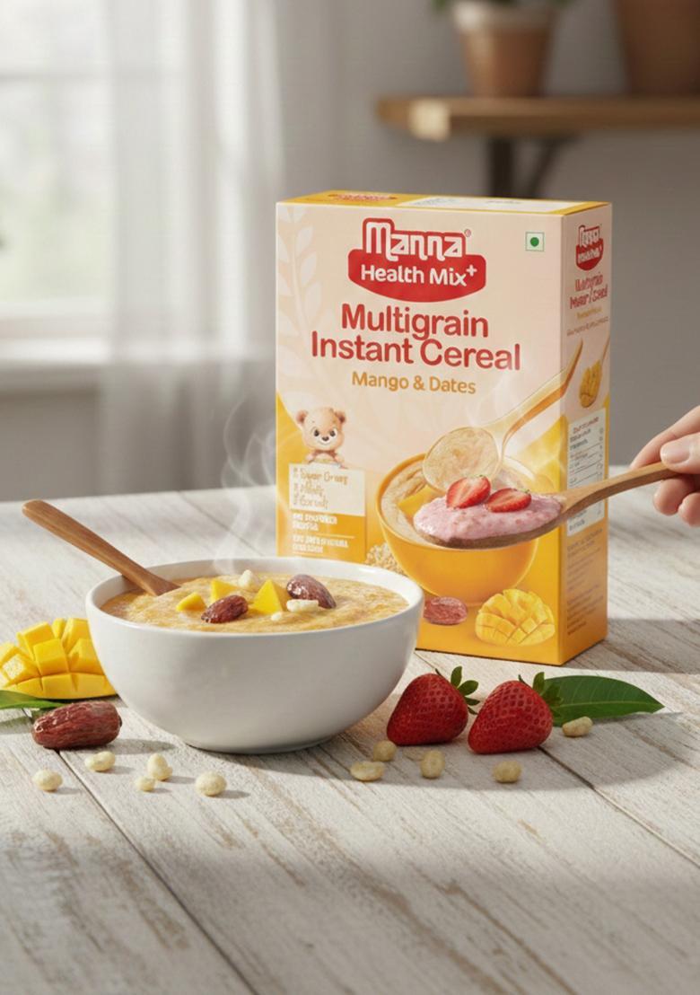 Manna Health Mix Instant Multigrain Cereal, Strawberry, Banana, Dates, With Milk. Made With Real Fruits And 7 Supergrains And Millets. No Added Sugar, No Artificial Colour, Flavours 200G