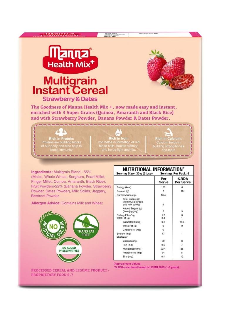 Manna Health Mix Instant Multigrain Cereal, Strawberry, Banana, Dates, With Milk. Made With Real Fruits And 7 Supergrains And Millets. No Added Sugar, No Artificial Colour, Flavours 200G