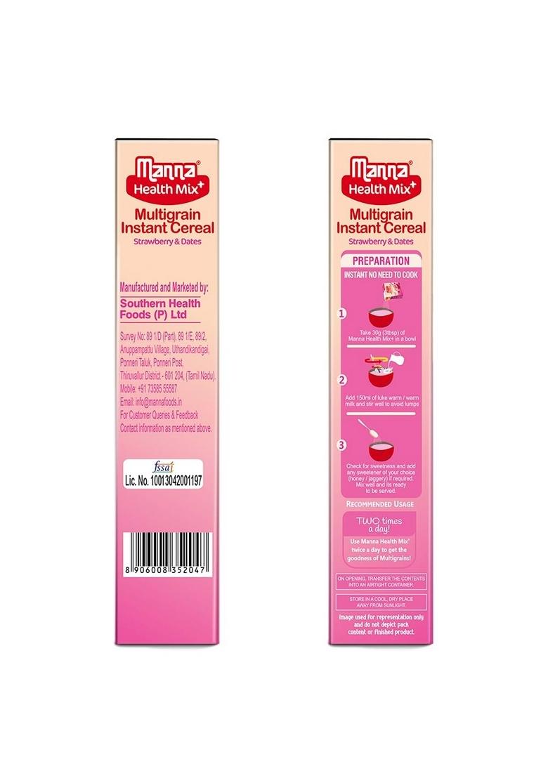 Manna Health Mix Instant Multigrain Cereal, Strawberry, Banana, Dates, With Milk. Made With Real Fruits And 7 Supergrains And Millets. No Added Sugar, No Artificial Colour, Flavours 200G