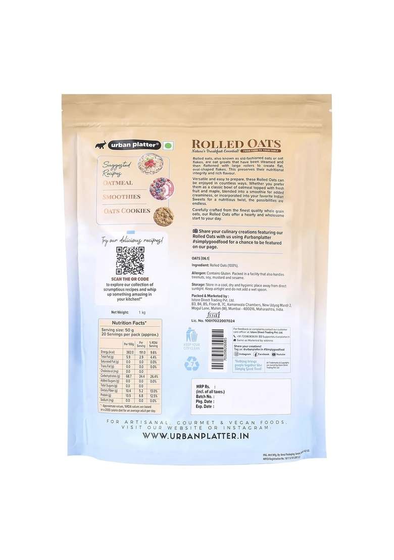 Urban Platter Rolled Oats, 1Kg (100% Whole Grain | High-Fibre | High-Protein) - Indya