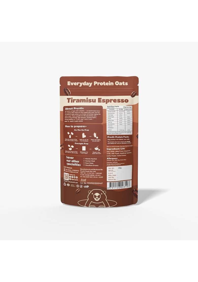 Prustlr Tiramisu Espresso – Everyday Protein Oats 24G Protein | Gluten-Free | Guilt-Free | Vegan Friendly | Nature-Inspired | No Added Preservatives | Pack Of 5 - Indya