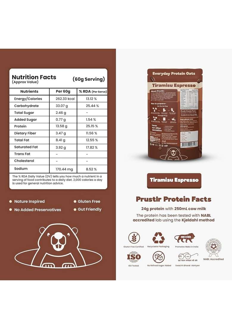 Prustlr Tiramisu Espresso – Everyday Protein Oats 24G Protein | Gluten-Free | Guilt-Free | Vegan Friendly | Nature-Inspired | No Added Preservatives | Pack Of 5 - Indya