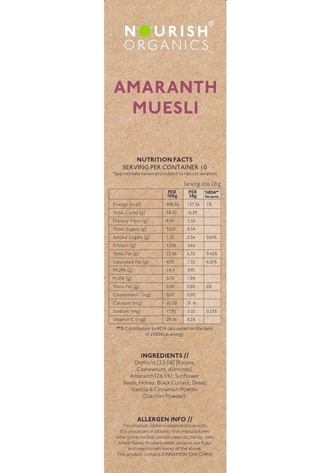 Nourish Organics Amaranth Muesli 280G Each Pack Of 2 | Healthy And Nutritious Breakfast Cereals With Whole Nuts | No Refined Sugar | Clean Label