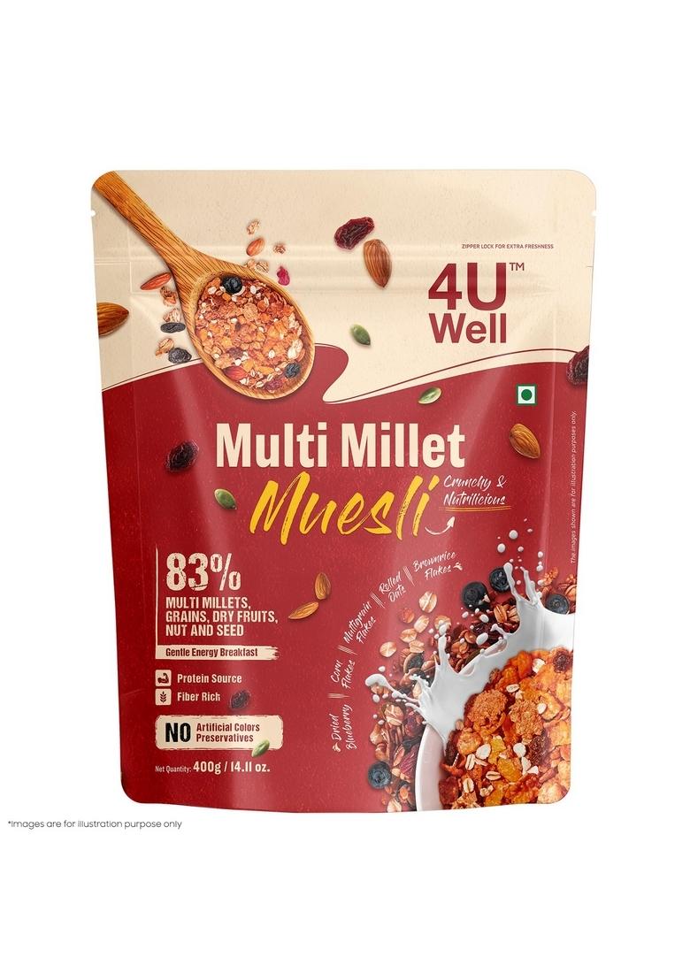 4 U Well Multi Millet Muesli 400G | Gentle Energy Breakfast 83% Multi Millets, Grains, Dry Fruits, Nut And Seed, No Artificial Colors, Preservatives | No Refined Sugar, Healthy Breakfast Cereal
