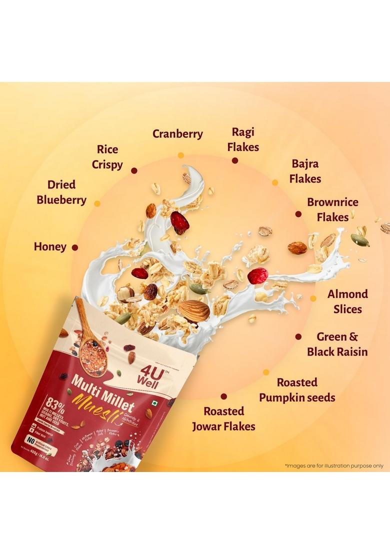 4 U Well Multi Millet Muesli 400G | Gentle Energy Breakfast 83% Multi Millets, Grains, Dry Fruits, Nut And Seed, No Artificial Colors, Preservatives | No Refined Sugar, Healthy Breakfast Cereal