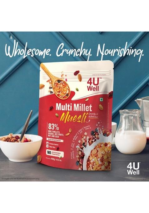 4 U Well Multi Millet Muesli 400G | Gentle Energy Breakfast 83% Multi Millets, Grains, Dry Fruits, Nut And Seed, No Artificial Colors, Preservatives | No Refined Sugar, Healthy Breakfast Cereal
