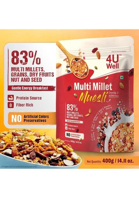4 U Well Multi Millet Muesli 400G | Gentle Energy Breakfast 83% Multi Millets, Grains, Dry Fruits, Nut And Seed, No Artificial Colors, Preservatives | No Refined Sugar, Healthy Breakfast Cereal