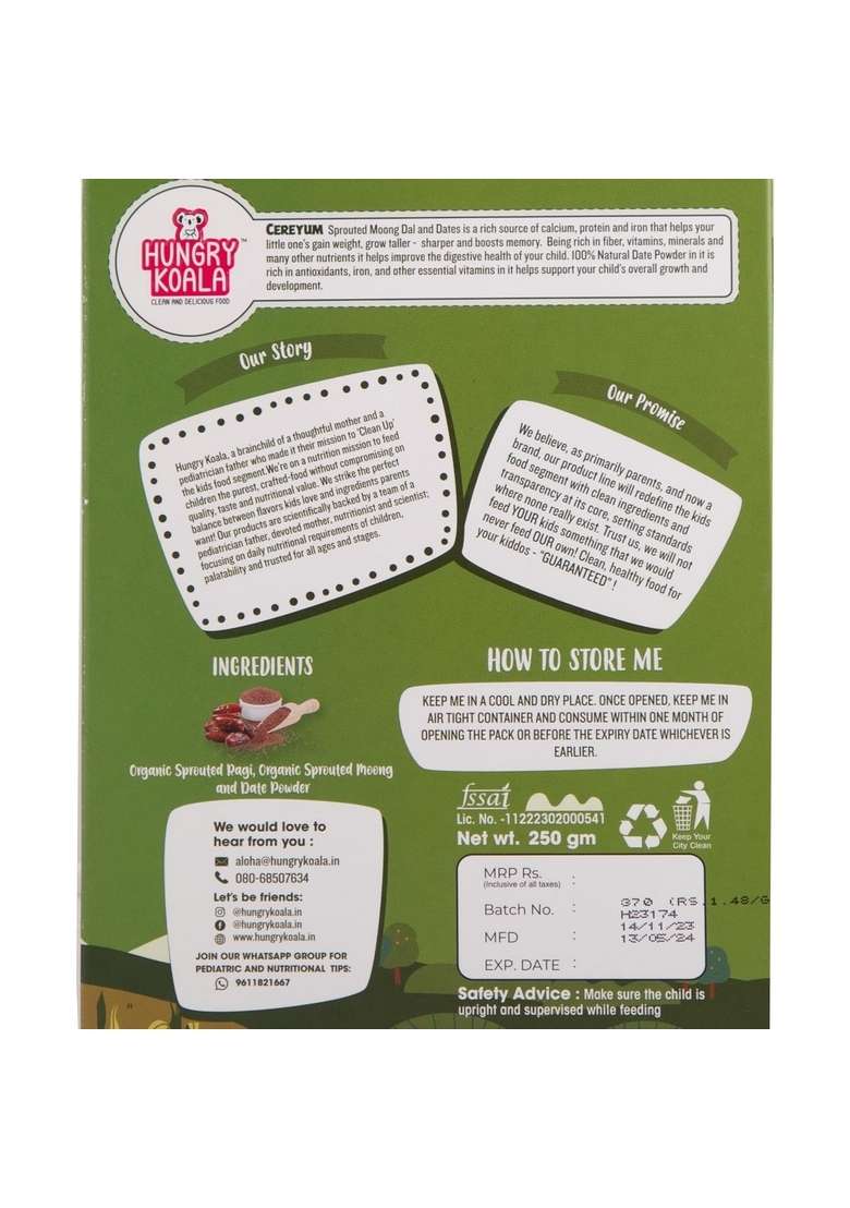 Hungry Koala Sprouted Moong & Dates Cereal Made For Kids To Grow Healthy Made With Natural Ingredients No Preservative Or Additives Or Maida 400 Grams Pack - Indya