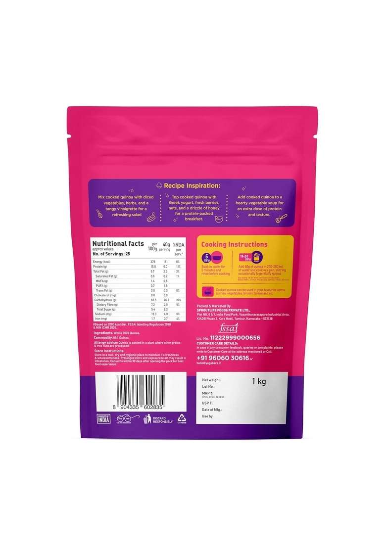 Yogabar Whole Quinoa 1Kg Pouch - Gluten Free Quinoa Grain - Diet Food For Weight Loss Management - Helps Manage Sugar Levels - Low Gi For Sustained Energy - Indya