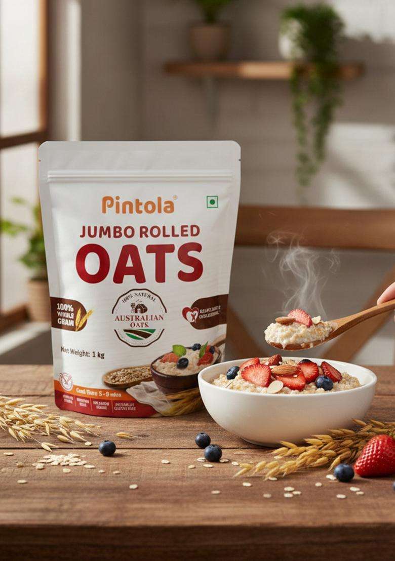 Pintola Oats 1Kg, Rolled Oats, Diet Food, Weight Management, Natural Whole Grain, High In Fibre & Protein, Jumbo Rolled, Breakfast Cereals, Gluten Free Oatmeal, Dalia Porridge - Indya