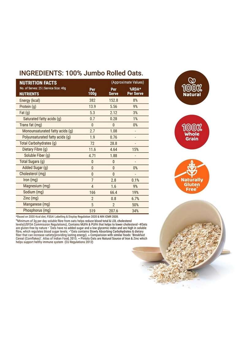 Pintola Oats 1Kg, Rolled Oats, Diet Food, Weight Management, Natural Whole Grain, High In Fibre & Protein, Jumbo Rolled, Breakfast Cereals, Gluten Free Oatmeal, Dalia Porridge - Indya