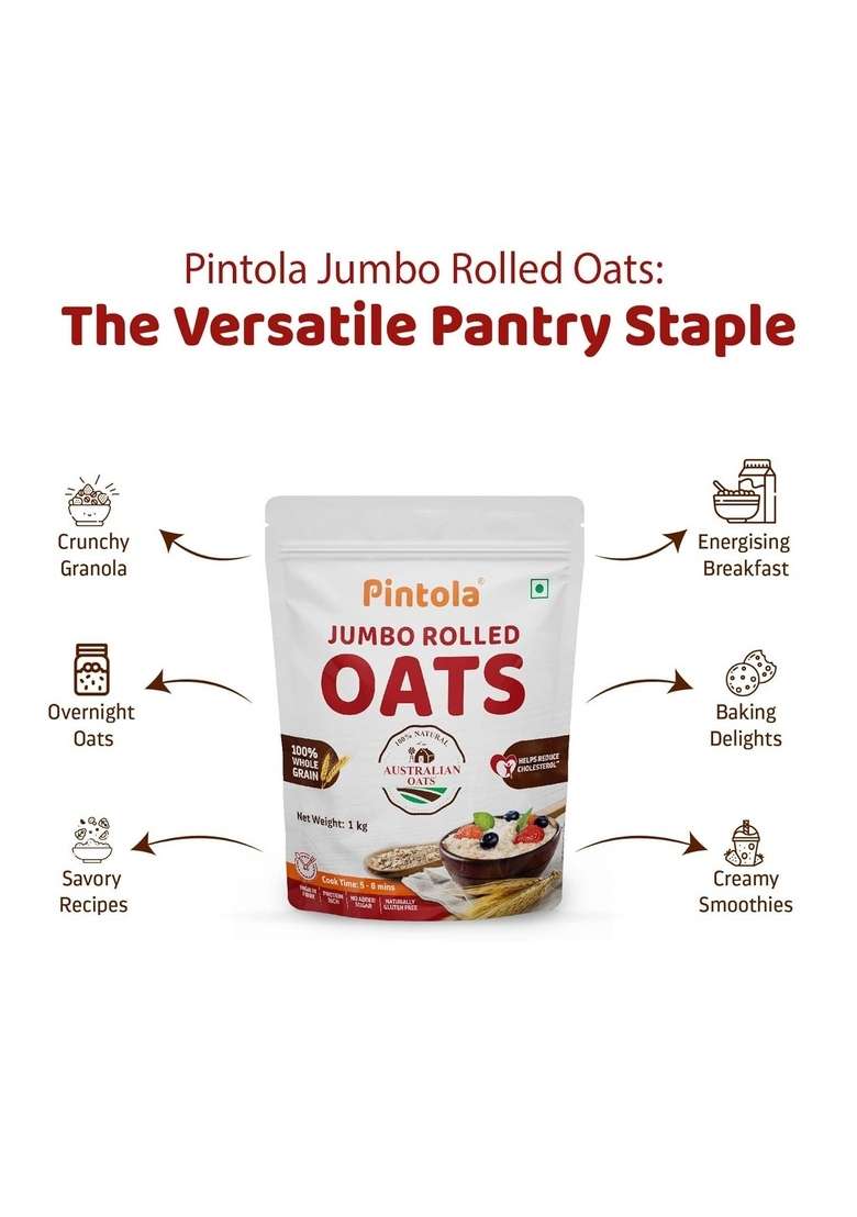 Pintola Oats 1Kg, Rolled Oats, Diet Food, Weight Management, Natural Whole Grain, High In Fibre & Protein, Jumbo Rolled, Breakfast Cereals, Gluten Free Oatmeal, Dalia Porridge - Indya