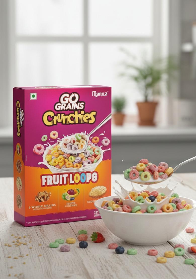 Manna Go Grains Crunchies Fruit Loops. Multigrain Breakfast Cereal For Kids. No Maida, Made With 9 Grains. Fortified Cereal With 50% Rda Of 23 Essential Vitamins And Minerals In Every Bowl. 250G