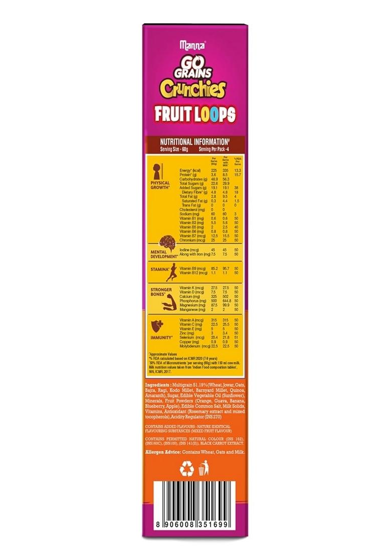 Manna Go Grains Crunchies Fruit Loops. Multigrain Breakfast Cereal For Kids. No Maida, Made With 9 Grains. Fortified Cereal With 50% Rda Of 23 Essential Vitamins And Minerals In Every Bowl. 250G