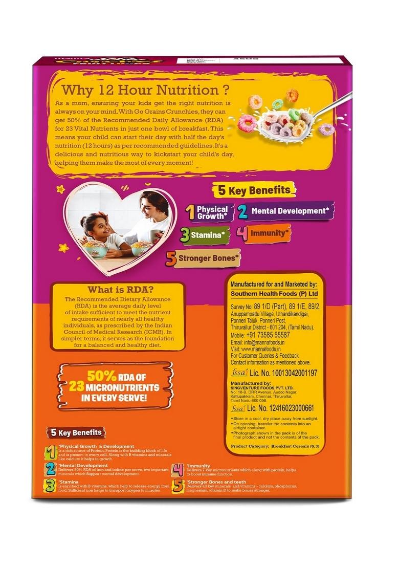Manna Go Grains Crunchies Fruit Loops. Multigrain Breakfast Cereal For Kids. No Maida, Made With 9 Grains. Fortified Cereal With 50% Rda Of 23 Essential Vitamins And Minerals In Every Bowl. 250G