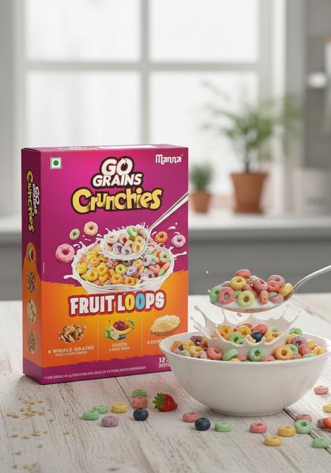 Manna Go Grains Crunchies Fruit Loops. Multigrain Breakfast Cereal For Kids. No Maida, Made With 9 Grains. Fortified Cereal With 50% Rda Of 23 Essential Vitamins And Minerals In Every Bowl. 250G