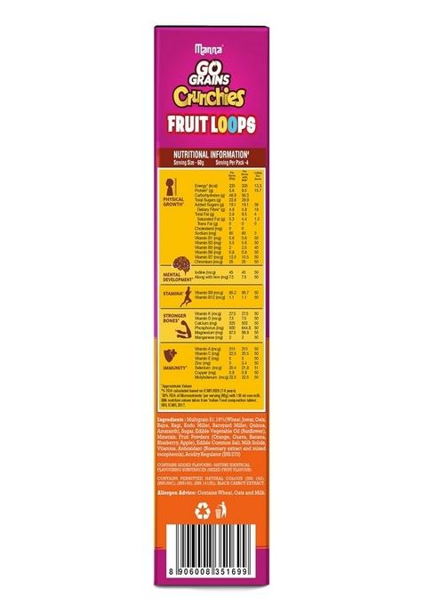 Manna Go Grains Crunchies Fruit Loops. Multigrain Breakfast Cereal For Kids. No Maida, Made With 9 Grains. Fortified Cereal With 50% Rda Of 23 Essential Vitamins And Minerals In Every Bowl. 250G