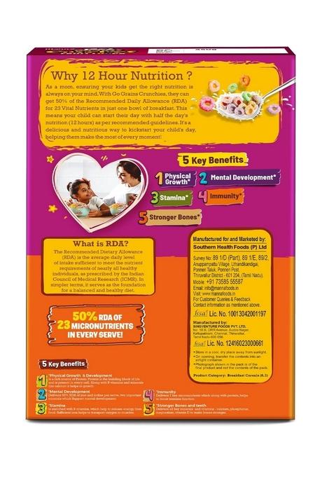 Manna Go Grains Crunchies Fruit Loops. Multigrain Breakfast Cereal For Kids. No Maida, Made With 9 Grains. Fortified Cereal With 50% Rda Of 23 Essential Vitamins And Minerals In Every Bowl. 250G