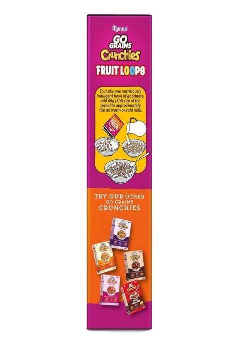 Manna Go Grains Crunchies Fruit Loops. Multigrain Breakfast Cereal For Kids. No Maida, Made With 9 Grains. Fortified Cereal With 50% Rda Of 23 Essential Vitamins And Minerals In Every Bowl. 250G