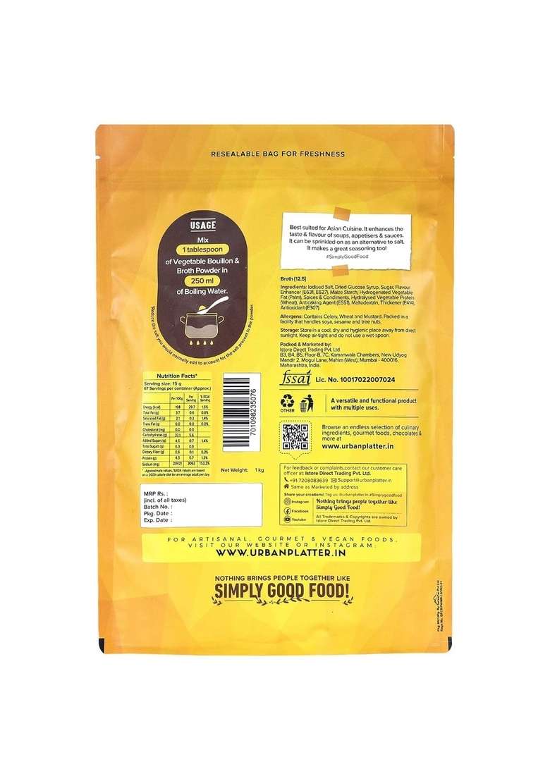 Urban Platter Vegetable Bouillon & Broth Powder, 1Kg (Plant-Based | Instant Vegetable Stock | Msg-Free | Umami-Rich) - Indya