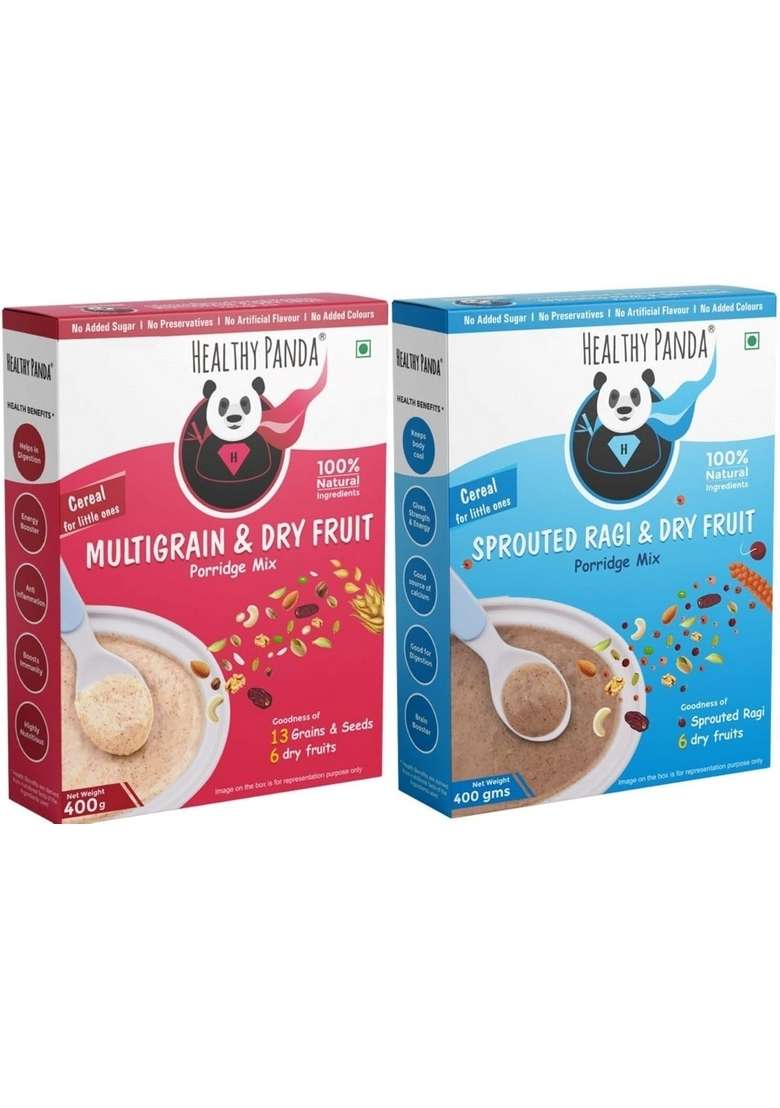 Healthy Panda Organic Multigrain Dry Fruit Baby Cereal (400G) + Sprouted Ragi Dryfruit Baby Food (400G) Cereal (800 G, Pack Of 2, 6+ Months) - Indya