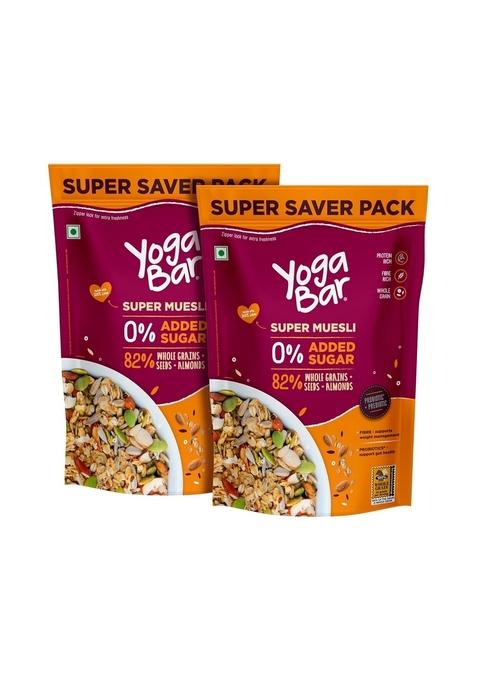 Yogabar Super Muesli, No Added Or Hidden Sugar, Breakfast Muesli With Probiotics & Prebiotics, 82% Whole Grains+ Seeds+ Almonds, 400Gm Each