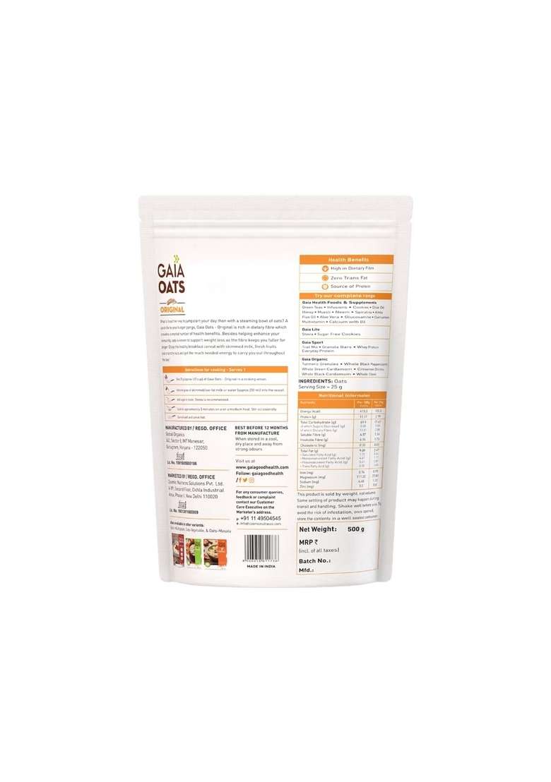 Gaia Oats Original – 500G | 100% Wholegrain Rolled Oats | High In Fiber & Protein | Heart-Healthy Breakfast Option | Supports Weight Management & Digestive Health | Zero Cholesterol | Vegan & Gluten-Free - Indya