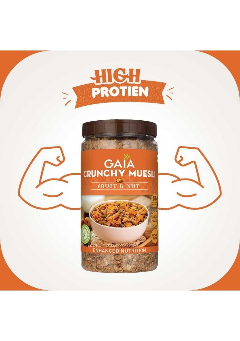 Gaia Crunchy Muesli Fruit And Nuts A Mix Of Wholesome Breakfast Cereals Packed With Fibre, Iron And Antioxidants Serves As The Nourishing, Tasty Breakfast Option. 1Kg Jar Pack