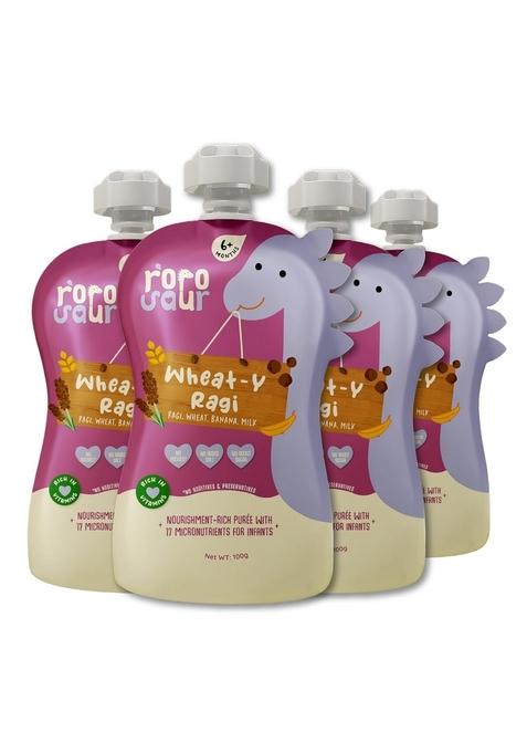 Rorosaur Baby Food Puree Pouch | Ragi, Wheat, Banana Porridge In Pouch For 6+ Months Baby |Easy To Digest, 100% Natural Healthy Ready To Eat, No Preservatives, No Sugar, No Salt | 100G Each, Pk Of 4