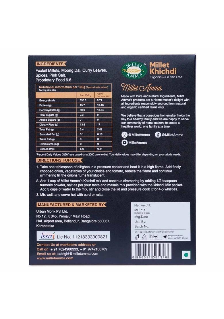 Millet Amma Certified Organic Millet Khichdi Mix | 250 Gms Pack | 65% Millet Content | Easy & Ready To Cook | Instant Millet Breakfast Mix | Rich In Protein & High Fiber | 100% Vegan