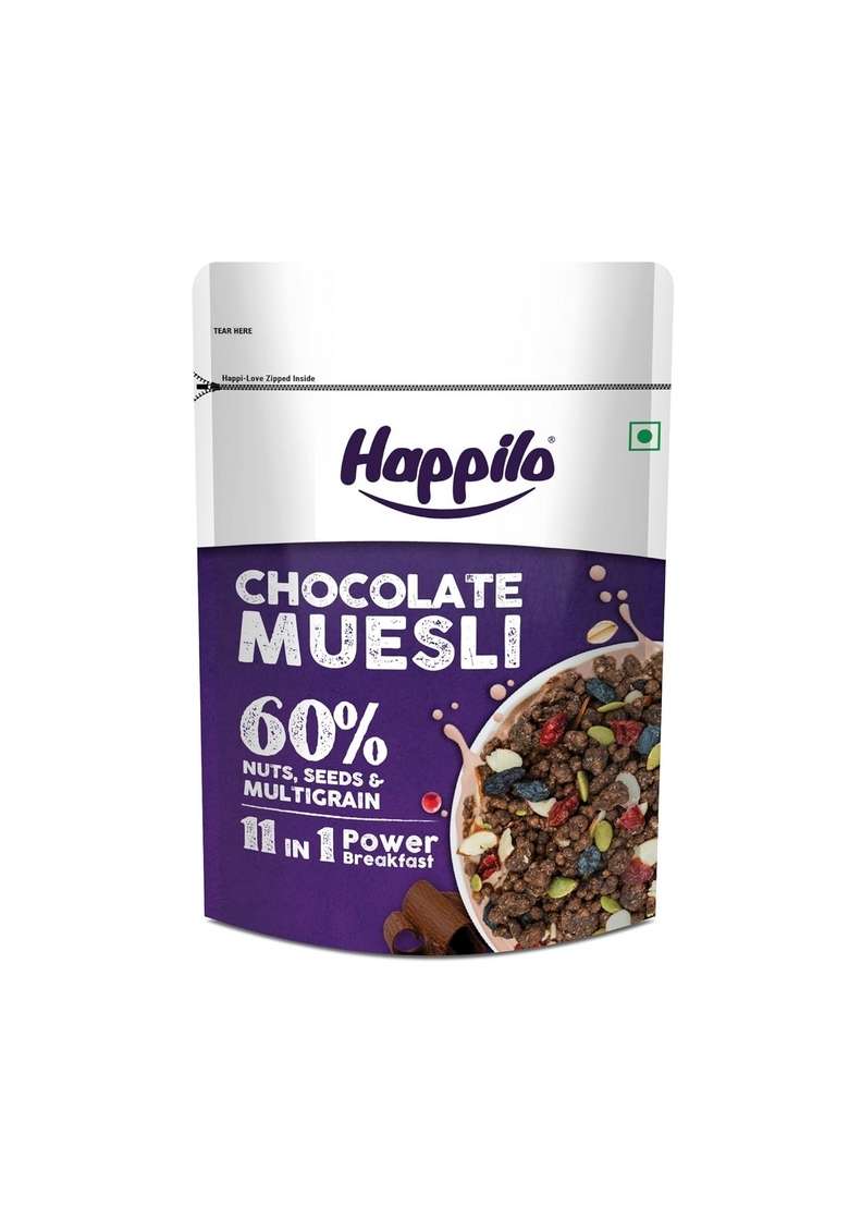 Happilo Chocolate Muesli 450G, 60% Nuts, Seeds And Multigrain, 11 In 1 Power Breakfast, High In Fiber, Protein - Indya