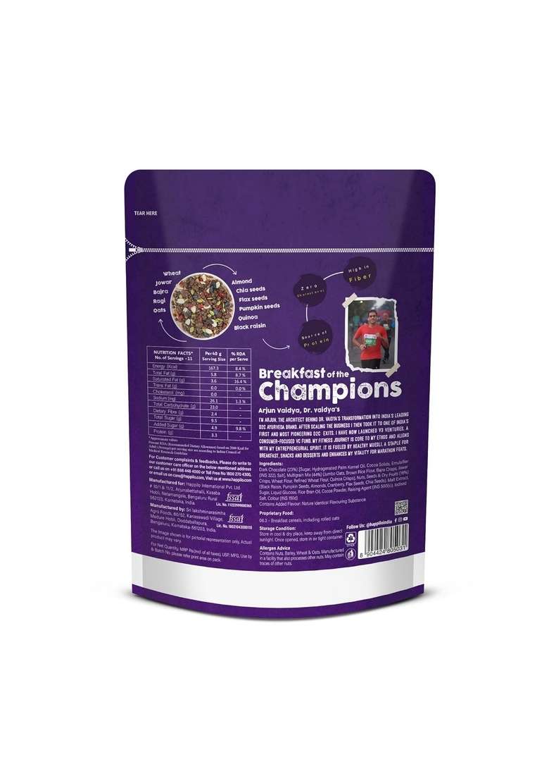 Happilo Chocolate Muesli 450G, 60% Nuts, Seeds And Multigrain, 11 In 1 Power Breakfast, High In Fiber, Protein - Indya