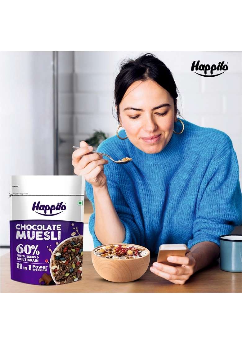 Happilo Chocolate Muesli 450G, 60% Nuts, Seeds And Multigrain, 11 In 1 Power Breakfast, High In Fiber, Protein - Indya
