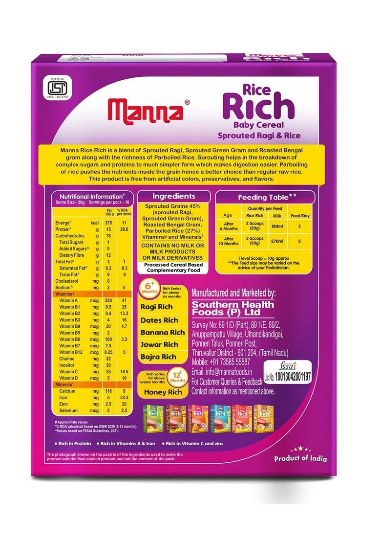Manna Baby Cereal. No Added Sugar, Baby Food Safe For 6-24 Months, Bis Approved Cereal Based Complimentary Food, Sprouted Millets & Pulses For Easy Digestion. Allergen Free. Sprouted Ragi & Rice 200G