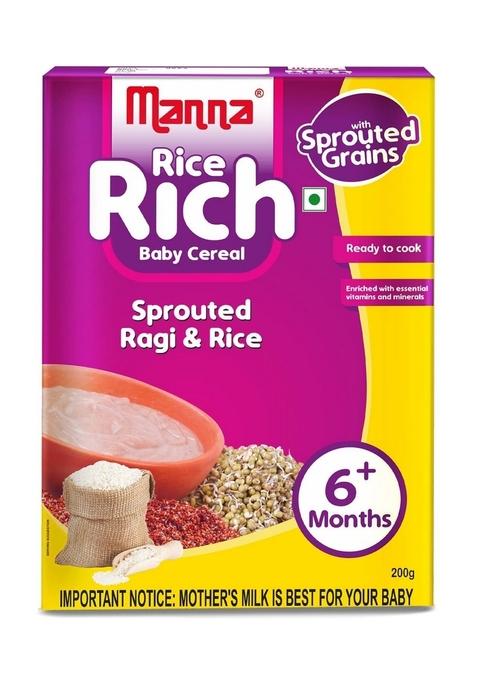 Manna Baby Cereal. No Added Sugar, Baby Food Safe For 6-24 Months, Bis Approved Cereal Based Complimentary Food, Sprouted Millets & Pulses For Easy Digestion. Allergen Free. Sprouted Ragi & Rice 200G