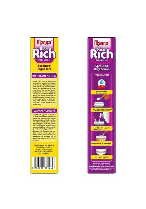 Manna Baby Cereal. No Added Sugar, Baby Food Safe For 6-24 Months, Bis Approved Cereal Based Complimentary Food, Sprouted Millets & Pulses For Easy Digestion. Allergen Free. Sprouted Ragi & Rice 200G