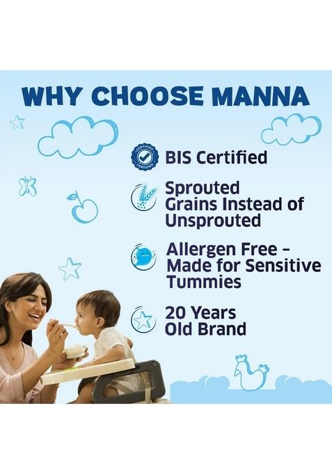 Manna Baby Cereal. No Added Sugar, Baby Food Safe For 6-24 Months, Bis Approved Cereal Based Complimentary Food, Sprouted Millets & Pulses For Easy Digestion. Allergen Free. Sprouted Ragi & Rice 200G