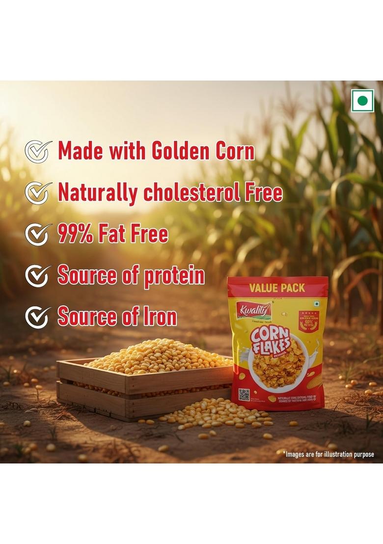 Kwality Corn Flakes 1Kg | Made With Golden Corns | 99% Fat Free, Natural Source Of Vitamin & Iron | High In Protein & Fiber | Healthy Breakfast Cereal