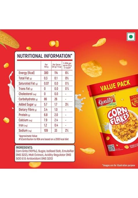 Kwality Corn Flakes 1Kg | Made With Golden Corns | 99% Fat Free, Natural Source Of Vitamin & Iron | High In Protein & Fiber | Healthy Breakfast Cereal