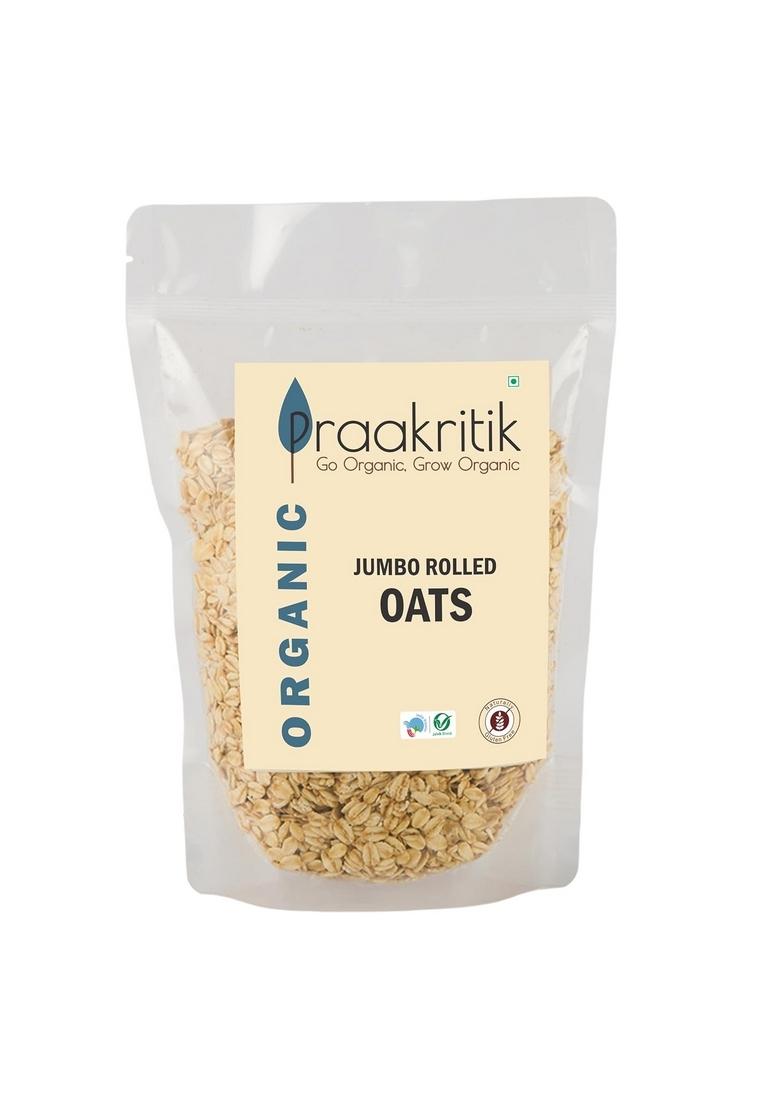 Praakritik Organic Jumbo Rolled Oats 500 Gram, Gluten Free Oats, Healthy Breakfast Cereal & Diet Food, Support Weight Loss, High In Protein & Fibre