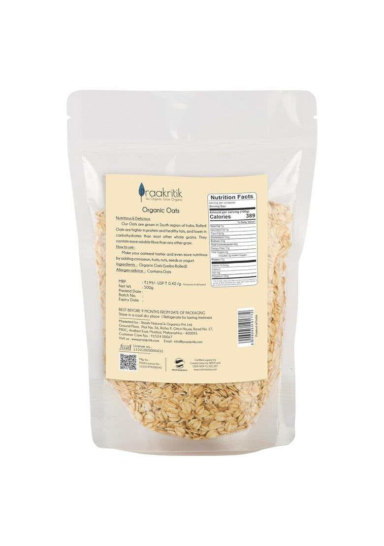 Praakritik Organic Jumbo Rolled Oats 500 Gram, Gluten Free Oats, Healthy Breakfast Cereal & Diet Food, Support Weight Loss, High In Protein & Fibre