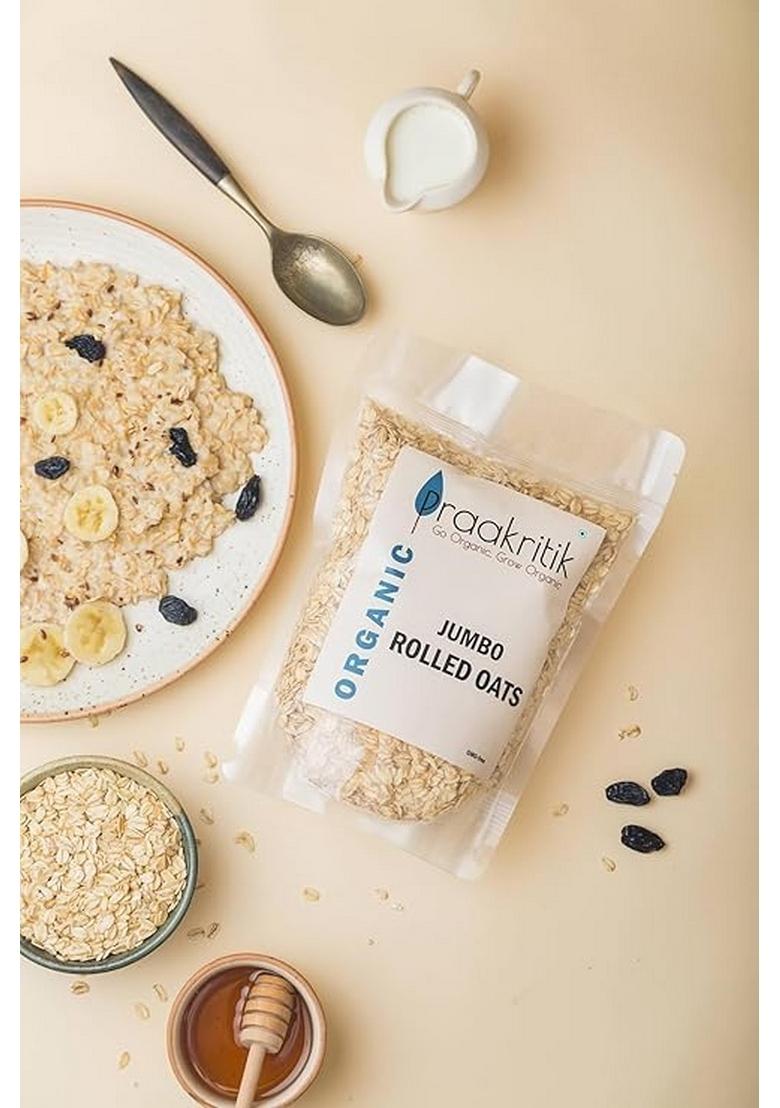 Praakritik Organic Jumbo Rolled Oats 500 Gram, Gluten Free Oats, Healthy Breakfast Cereal & Diet Food, Support Weight Loss, High In Protein & Fibre