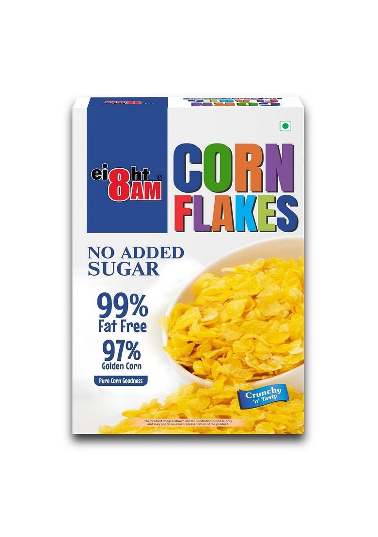 8Am Corn Flakes 500 Gram, No Added Sugar, 97% Corn, 99% Fat Free, No Cholesterol, Trans Fat, Artificial Additives, Vitamins B1, B2, B3, B6, B9, Iron, Calcium, Breakfast Cereal