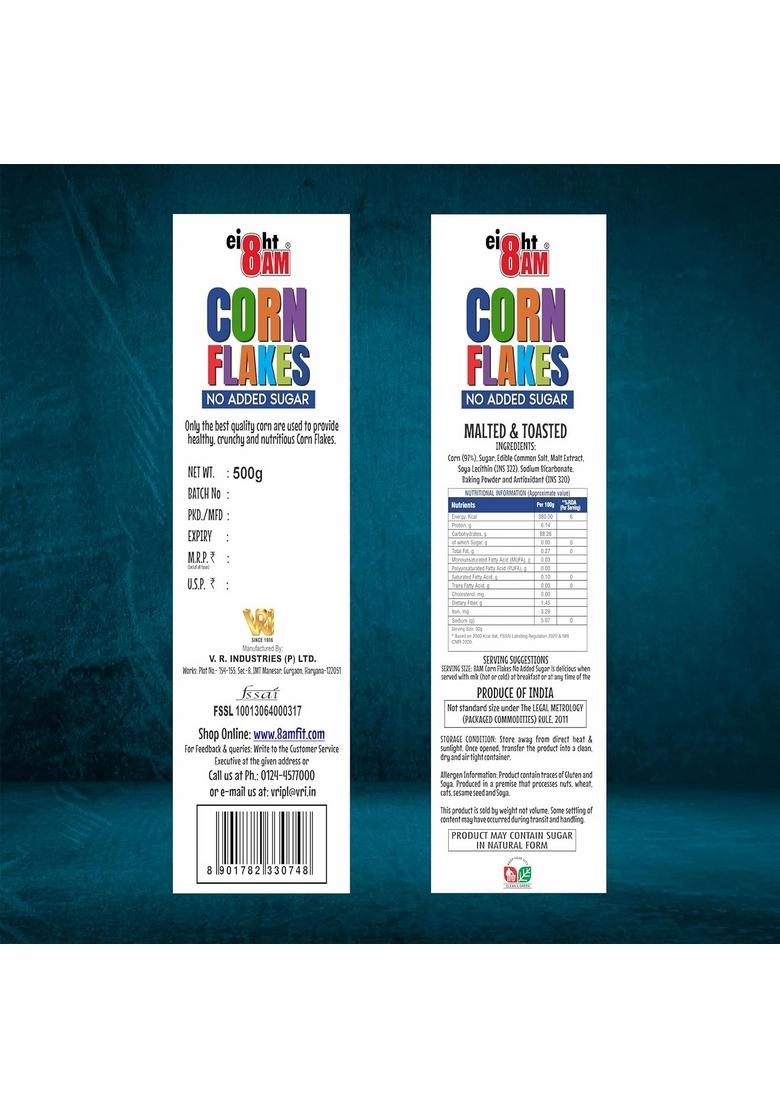 8Am Corn Flakes 500 Gram, No Added Sugar, 97% Corn, 99% Fat Free, No Cholesterol, Trans Fat, Artificial Additives, Vitamins B1, B2, B3, B6, B9, Iron, Calcium, Breakfast Cereal