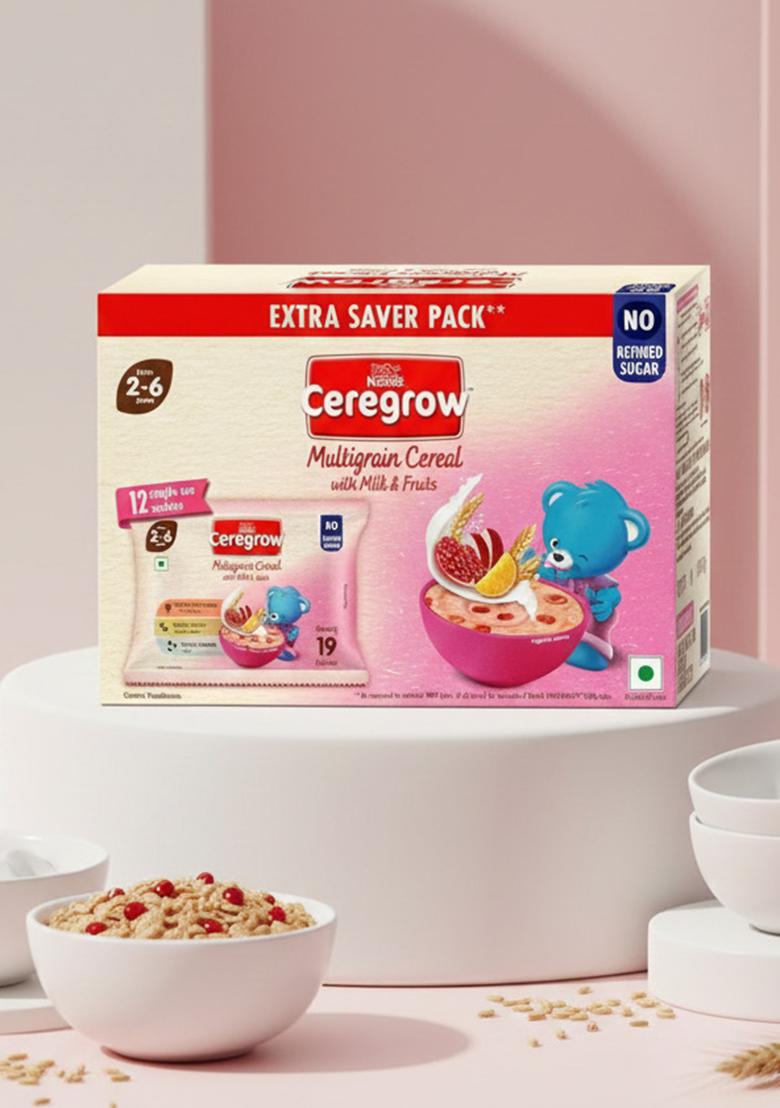 Ceregrow No Refined Sugar | Multigrain, Milk & Fruits Cereal | Source Of Iron,Omega 3, Protein, Calcium | 19 Nutrients |Extra Saver Multipack (12 Units X 50G) 600G