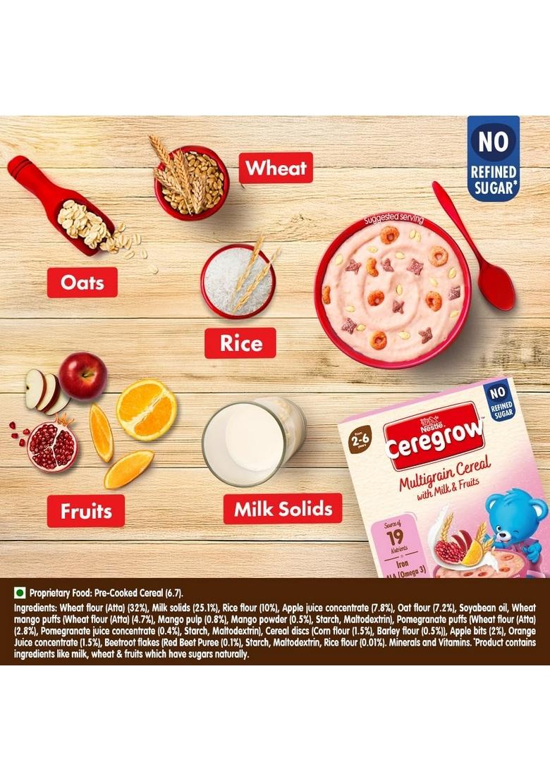 Ceregrow No Refined Sugar | Multigrain, Milk & Fruits Cereal | Source Of Iron,Omega 3, Protein, Calcium | 19 Nutrients |Extra Saver Multipack (12 Units X 50G) 600G