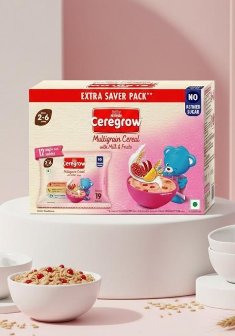 Ceregrow No Refined Sugar | Multigrain, Milk & Fruits Cereal | Source Of Iron,Omega 3, Protein, Calcium | 19 Nutrients |Extra Saver Multipack (12 Units X 50G) 600G