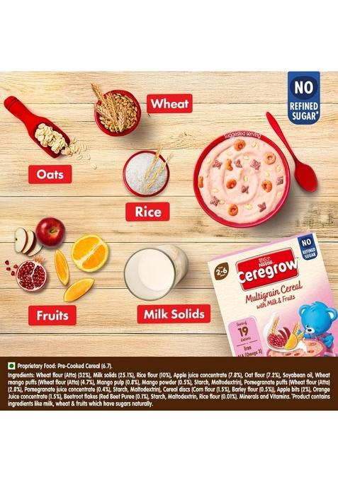 Ceregrow No Refined Sugar | Multigrain, Milk & Fruits Cereal | Source Of Iron,Omega 3, Protein, Calcium | 19 Nutrients |Extra Saver Multipack (12 Units X 50G) 600G