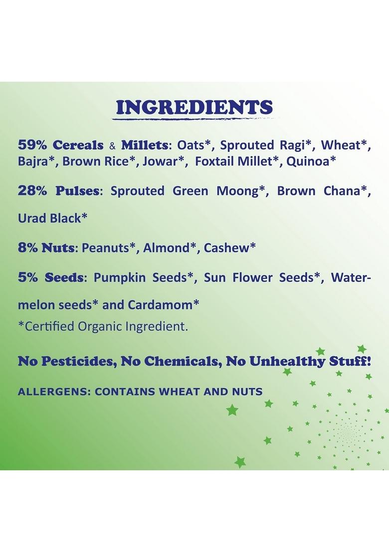 Tummyfriendly Foods Certified Organic Health Mix Powder For Adults, Kids, Women. Made With Sprouted Ragi Powder, Green Moong, Oats, Nuts, Seeds | Multigrain Millet Health Mix | 800G